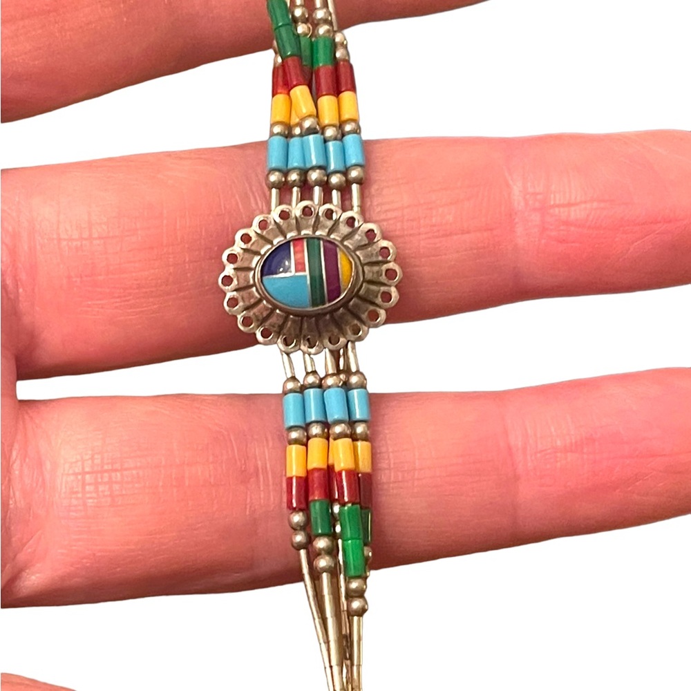 Vintage Native Southwestern ZUNI Seed bead Sterling silver stone Inlay bracelet - Picture 4 of 9